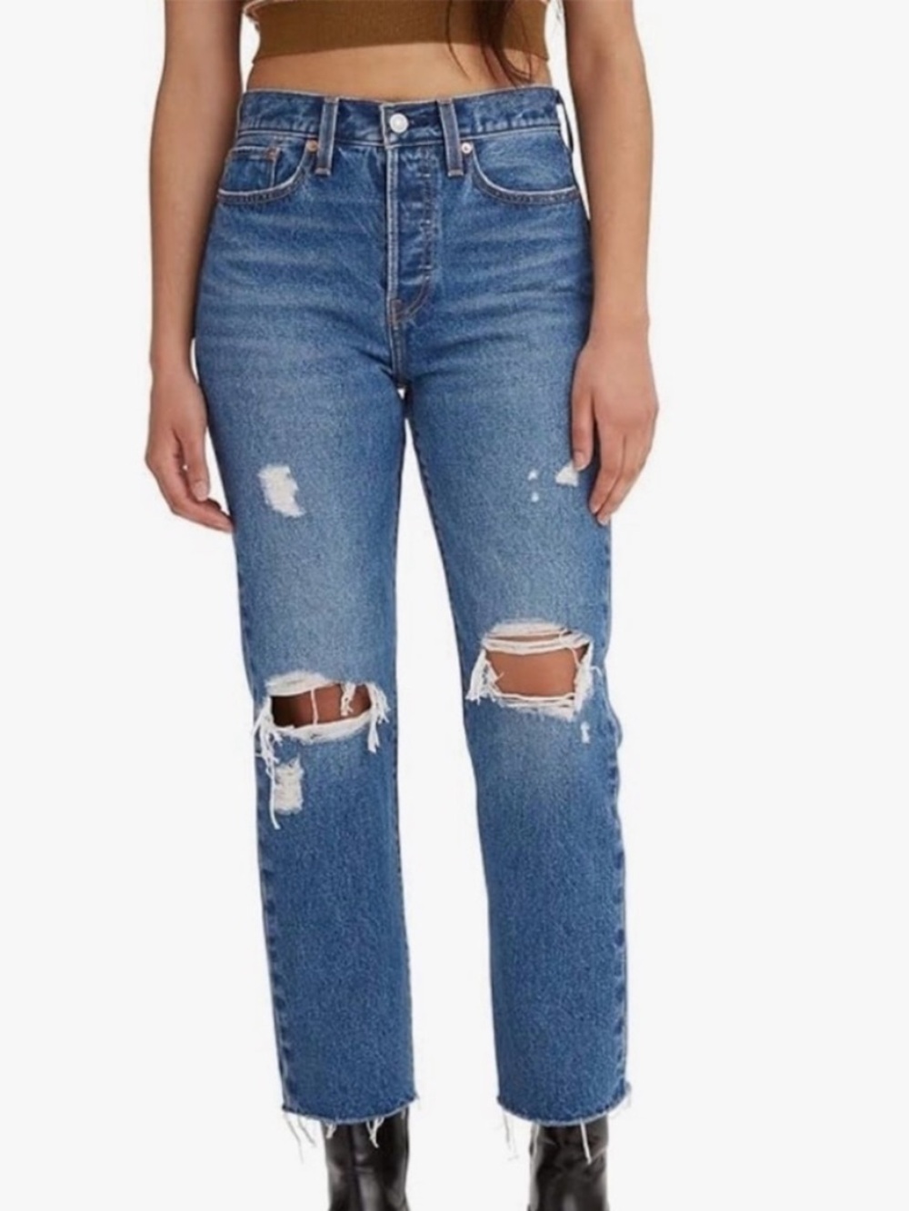 Levi's 27 Jeans Premium Wedgie Straight High Rise Medium Indigo Destructed NWT